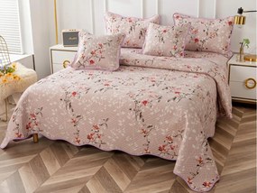 Cuvertura pat dublu din Bumbac Finet  5 PIESE  Crem-Roz  flori
