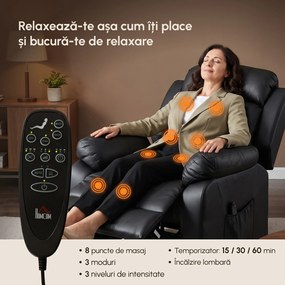 Fotoliu rabatabil HOMCOM cu funcții de masaj și încălzire, cu sistem electric de ridicare, tetieră reglabilă și port USB, din piele ecologică (PU), negru | Aosom Romania