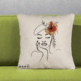 Perna Decorativa Portret Feminin Flori Palarie, 40x40 cm, Bej Canapea, Husa Detasabila, Perna Inclusa, BEKZ®