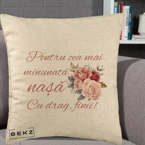 Cadou pentru Nasa - Perna Personalizata Pentru Cea mai Minunata Nasa Cu drag Finii, 40x40 cm, Bej, Husa Detasabila, Perna Inclusa, BEKZ®