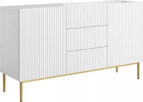 Comodă Nicole 150 cm cu sertare și fațadă canelată - alb mat / picioare aurii