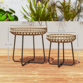 Outsunny Set de 2 mese de cafea din poliratan Ø60/41 cm rotunde rezistente la intemperii, masă de grădină cu picioare X reglabile, maro | Aosom Romania