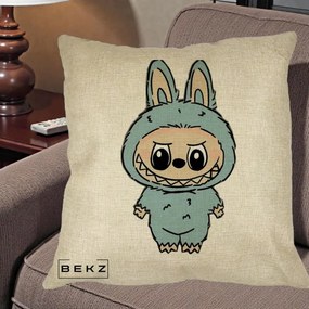 Perna Personalizata Labubu Albastru-Gri Solo, 40x40 cm, Crem, Husa Detasabila, Perna Inclusa, BEKZ®