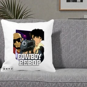Perna Personalizata Cowboy Bebop Spike si Jet Poster, 40x40 cm, Alba Mata, Husa Detasabila, Perna Inclusa, BEKZ®