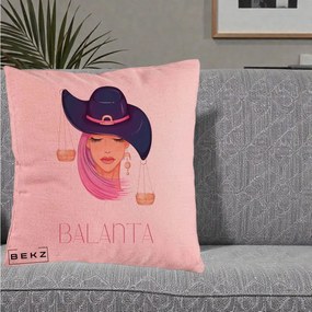 Perna Personalizata Zodiac Balanta Cowgirl, 40x40 cm, Roz, Husa Detasabila, Perna Inclusa, BEKZ®