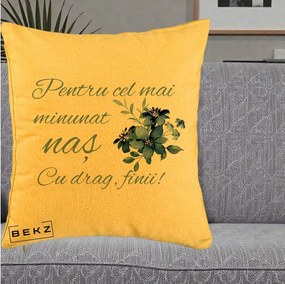 Cadou pentru Nas - Perna Personalizata Pentru Cel mai Minunat Nas Cu drag Finii, 40x40 cm, Galben, Husa Detasabila, Perna Inclusa, BEKZ®