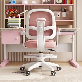 Scaun ergonomic pentru copii, spatar relgabil adancime, suport picioare reglabil, rotativ, Roz