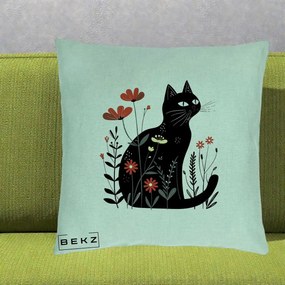 Perna Decorativa Pisica Neagra Flori Rosii Folk, 40x40 cm, Verde Menta, Husa Detasabila, Perna Inclusa, BEKZ®