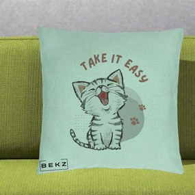 Perna Personalizata Take It Easy Cat, 40x40 cm, Verde Menta, Husa Detasabila, Perna Inclusa, BEKZ®