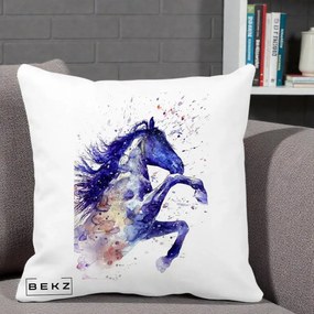 Perna Decorativa Cal Albastru Acuarela, 40x40 cm, Alba Mata, Husa Detasabila, Perna Inclusa, BEKZ®