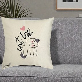 Perna Personalizata Cat Lover Pisica Ilustratie Linie, 40x40 cm, Ecru, Husa Detasabila, Perna Inclusa, BEKZ®
