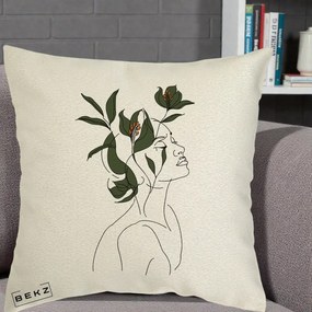 Perna Decorativa Portret Feminin Crin Verde, 40x40 cm, Ecru, Husa Detasabila, Perna Inclusa, BEKZ®
