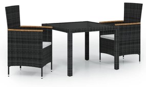 Set mobilier de exterior cu perne, 3 piese, negru, poliratan Negru, Lungime masa 250 cm, 3
