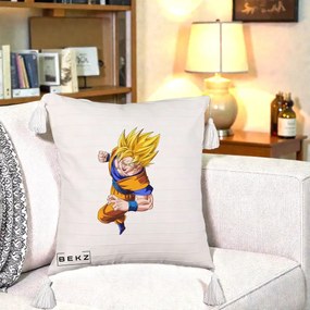 Perna Personalizata Dragon Ball Goku Super Saiyan 2 Lupta, 40x40 cm, Bej cu Franjuri, Husa Detasabila, Perna Inclusa, BEKZ®