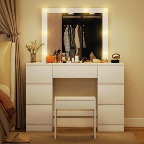 HOMCOM Masă de Machiaj cu Oglindă, 8 Lumini LED, Scaun și 7 Sertare Alb | Aosom Romania