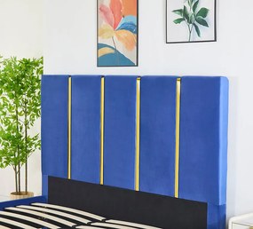 Pat Tapitat Catifea Albastru 160x200 cm cu Somiera si Saltea  Inclusa ,   Cod LB-214