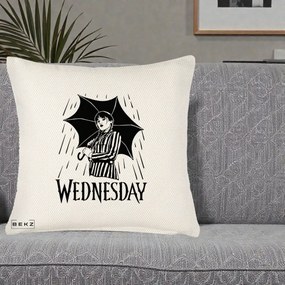 Perna Personalizata Wednesday cu Umbrela Ploaie Lineart, 40x40 cm, Crem Reliefat, Husa Detasabila, Perna Inclusa, BEKZ®