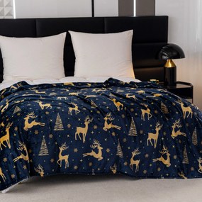 Patura de Craciun din microplus GOLDEN DEER albastru inchis Dimensiune: 150 x 200 cm