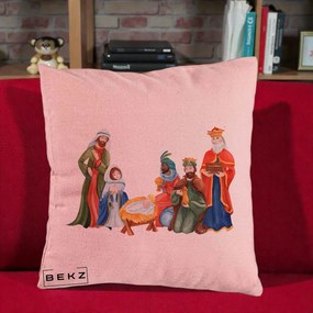 Perna Decorativa Nasterea Domnului Cei Trei Magi Acuarela, 40x40 cm, Roz, Husa Detasabila, Perna Inclusa, BEKZ®