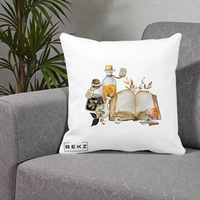 Perna Decorativa Grimoire Vrajitoare si Filtre Magice Halloween, 40x40 cm, Alba Mata, Husa Detasabila, Perna Inclusa, BEKZ®