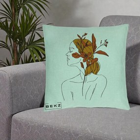 Perna Decorativa Portret Feminin Crin Ruginiu Auriu, 40x40 cm, Verde Menta, Husa Detasabila, Perna Inclusa, BEKZ®