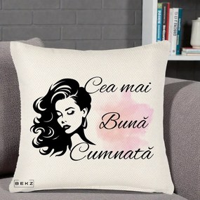 Cadou pentru Cumnata - Perna Personalizata Cea mai Buna Cumnata cu Silueta Dama si Pete Roz, 40x40 cm, Crem Reliefat, Husa Detasabila, Perna Inclusa, BEKZ®