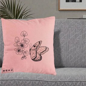 Perna Decorativa Fluture si Flori Linie Monocroma, 40x40 cm, Roz, Husa Detasabila, Perna Inclusa, BEKZ®