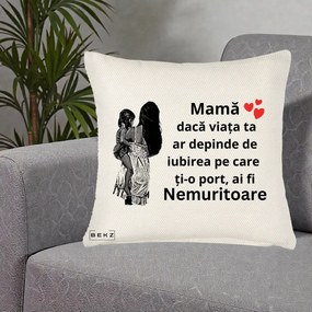 Cadou pentru Mama - Perna Personalizata Mama Nemuritoare Imbratisare, 40x40 cm, Crem Reliefat, Husa Detasabila, Perna Inclusa, BEKZ®