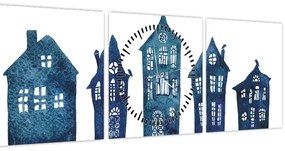 Tablou - Case de acuarelă albastru (cu ceas) (90x30 cm)