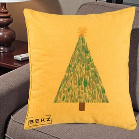 Perna Decorativa Brad de Craciun Acrilic Albastru, 40x40 cm, Galben, Husa Detasabila, Perna Inclusa, BEKZ®