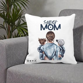Cadou pentru Mama - Perna Personalizata Super Mom, 40x40 cm, Alba Mata, Husa Detasabila, Perna Inclusa, BEKZ®
