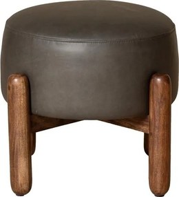 Puf rotund din piele naturală gri, cu patru picioare din lemn de acacia maro închis, stil Japandi, 43 x Ø 56 cm, „Olga”