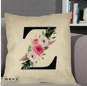 Cadou Personalizat - Perna Personalizata Monograma Florala Litera Z cu Buchet, 40x40 cm, Crem, Husa Detasabila, Perna Inclusa, BEKZ®