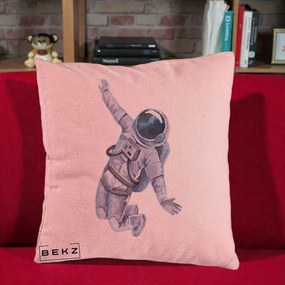 Perna Decorativa Astronaut Acuarela Zbor, 40x40 cm, Roz, Husa Detasabila, Perna Inclusa, BEKZ®