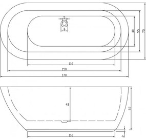 Cada baie freestanding, ovala, Zeta Bella Casa, acril, 170 x 75 cm