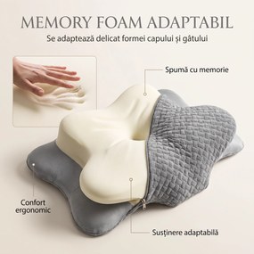 Perna cervicala ortopedica memory foam cu strat reglabil 2 cm, husa Tencel, Gri