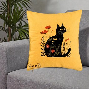 Perna Decorativa Pisica Neagra Flori Rosii Folk, 40x40 cm, Galben, Husa Detasabila, Perna Inclusa, BEKZ®