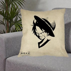 Perna Personalizata One Piece Luffy Silueta Alb-Negru, 40x40 cm, Crem, Husa Detasabila, Perna Inclusa, BEKZ®