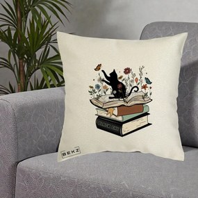 Perna Personalizata Pisica Neagra Carti Flori Fluturi, 40x40 cm, Ecru, Husa Detasabila, Perna Inclusa, BEKZ®