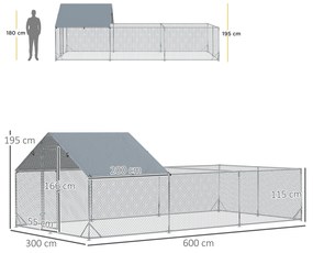 PawHut Cotet pentru Găini în Grădină, Capacitate 15-18 Găini, Oțel Zincat, PE, Copertină, Incuietoare, 600x300x195 cm, Gri Argintiu | Aosom Romania