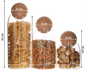 TEMPO-KONDELA LORZA, borcane din sticlă, set de 3, cu dop, sticlă/ plută