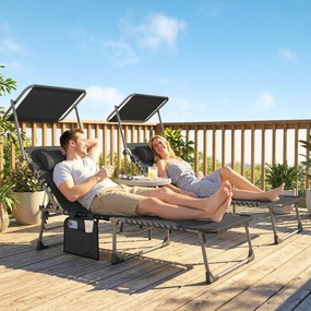 Outsunny Set de 2 șezlonguri pliabile cu suport pentru cap parasolar buzunar lateral și spătar reglabil în 5 poziții negru | Aosom Romania