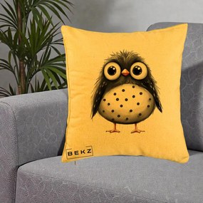 Perna Decorativa Bufnita Neagra cu Buline Albe, 40x40 cm, Galben, Husa Detasabila, Perna Inclusa, BEKZ®