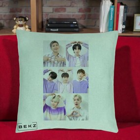 Perna Personalizata K-pop BTS Colaj 7 Portrete cu Inimi Lila, 40x40 cm, Verde Menta, Husa Detasabila, Perna Inclusa, BEKZ®