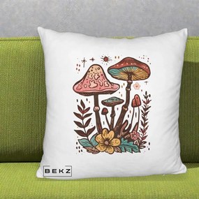 Perna Decorativa Ciuperci Boho Multicolore, 40x40 cm, Alb Pufos, Husa Detasabila, Perna Inclusa, BEKZ®