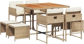 vidaXL Set de masă pentru grădină, 9 piese, cu perne, bej, poliratan