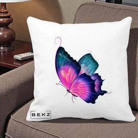 Perna Decorativa Fluture Neon, 40x40 cm, Alba Mata, Husa Detasabila, Perna Inclusa, BEKZ®