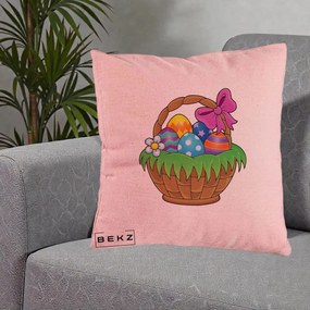 Perna Decorativa Cos cu Oua de Pasti Colorat, 40x40 cm, Roz, Husa Detasabila, Perna Inclusa, BEKZ®
