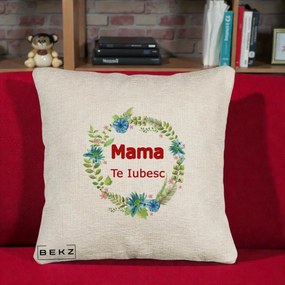 Cadou pentru Mama - Perna Personalizata Mama Te Iubesc Flori Albastre, 40x40 cm, Bej Canapea, Husa Detasabila, Perna Inclusa, BEKZ®