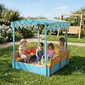 AIYAPLAY Lădiță cu Nisip pentru Copii 3-6 Ani cu Acoperiș Dinosauri, Bănci Pliabile, Capac și Husă Incluse, Lădiță de Nisip din Lemn de Brad, 134,5x127,5x130 cm, Albastru | Aosom Romania